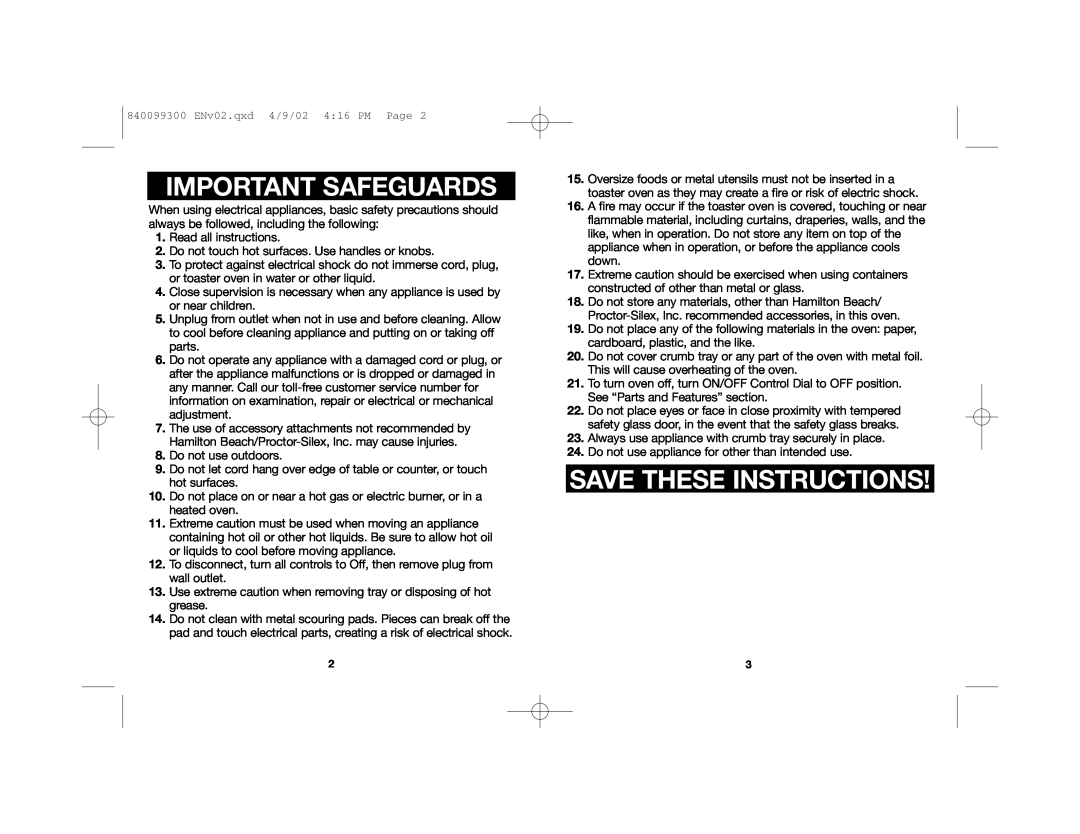 Proctor-Silex 31135 manual Important Safeguards, Save These Instructions 
