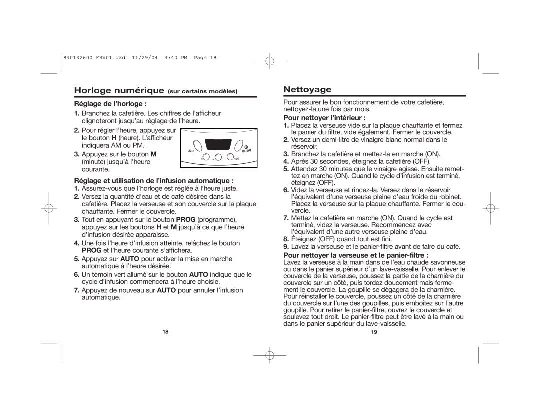 Proctor-Silex 48575 manual Nettoyage, Réglage de l’horloge, Réglage et utilisation de l’infusion automatique 