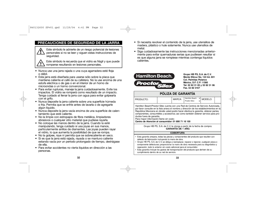 Proctor-Silex 48575 manual Precauciones DE Seguridad DE LA Jarra, Póliza DE Garantía 