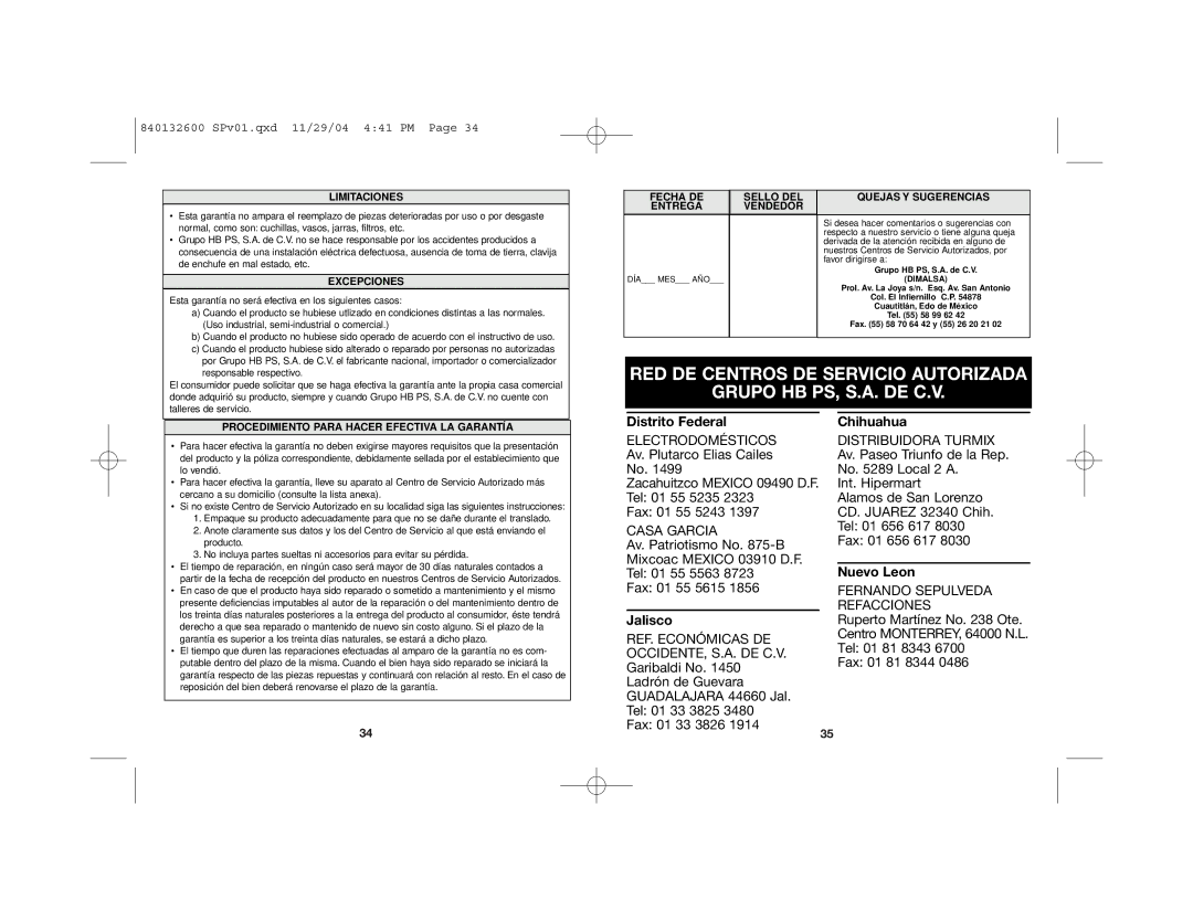 Proctor-Silex 48575 manual Distrito Federal Chihuahua, Jalisco, Nuevo Leon 