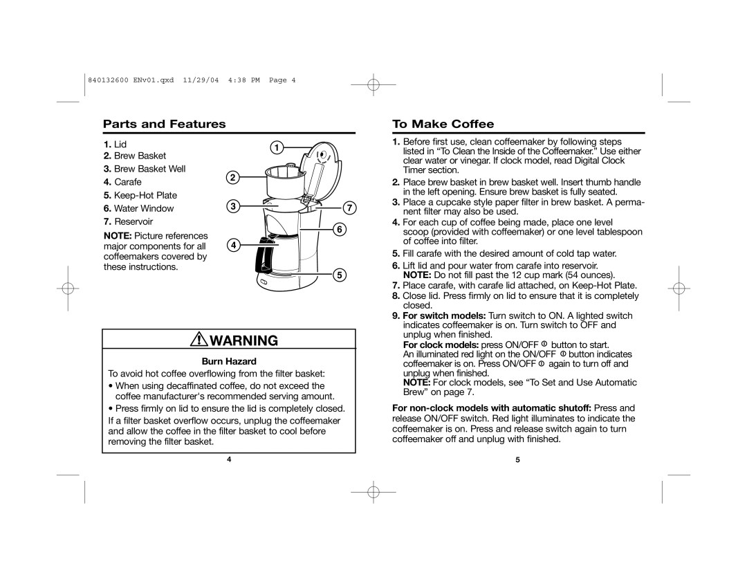 Proctor-Silex 48575 manual Parts and Features, To Make Coffee, Lid, Burn Hazard 