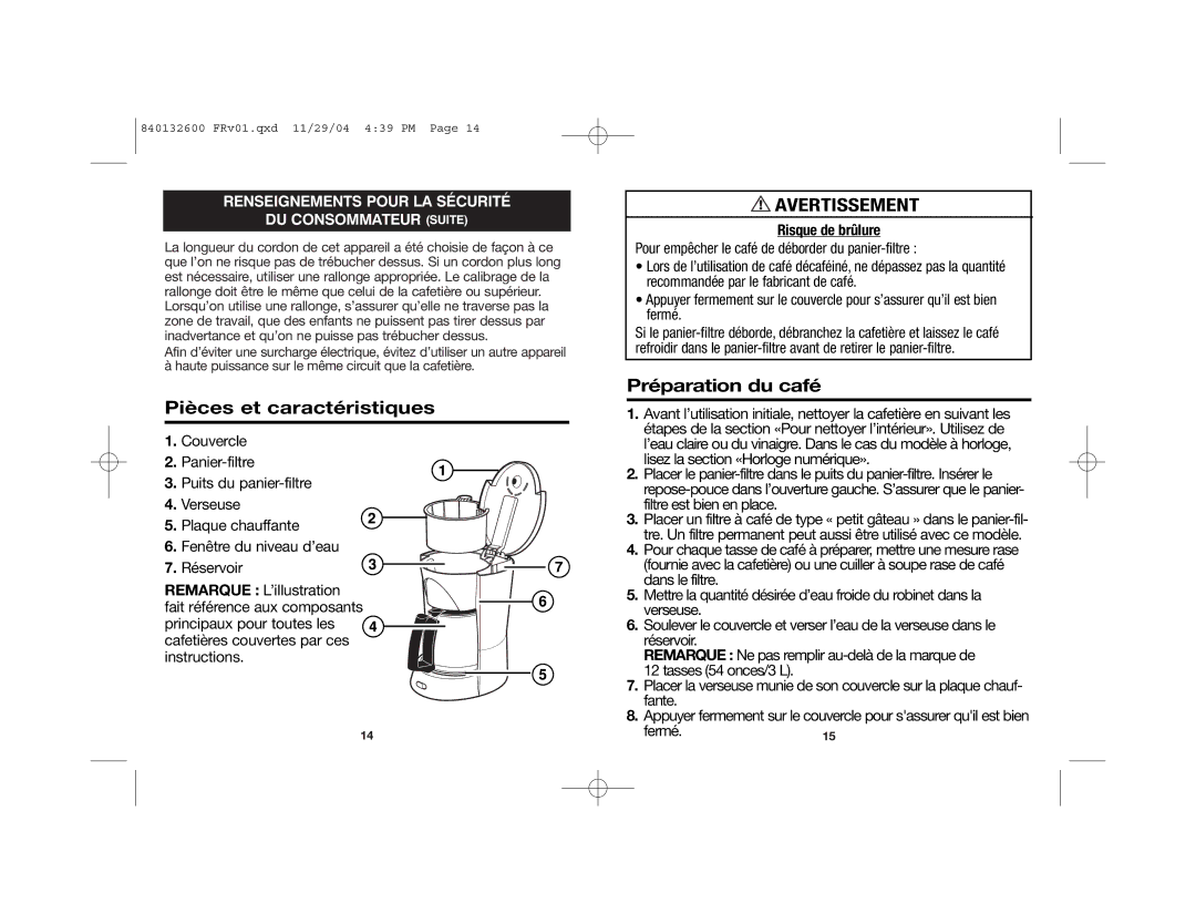 Proctor-Silex 48575 manual Pièces et caractéristiques, Préparation du café, Risque de brûlure 