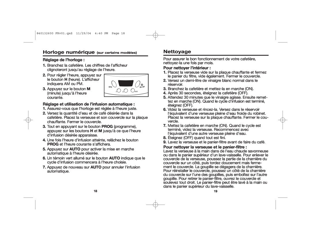 Proctor-Silex 48575 manual Nettoyage, Réglage de l’horloge, Réglage et utilisation de l’infusion automatique 