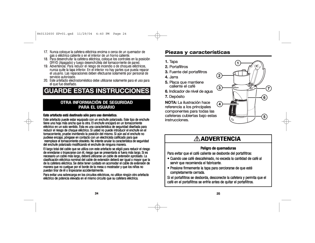 Proctor-Silex 48575 manual Guarde Estas Instrucciones, Piezas y características, Peligro de quemaduras, Advertencia 