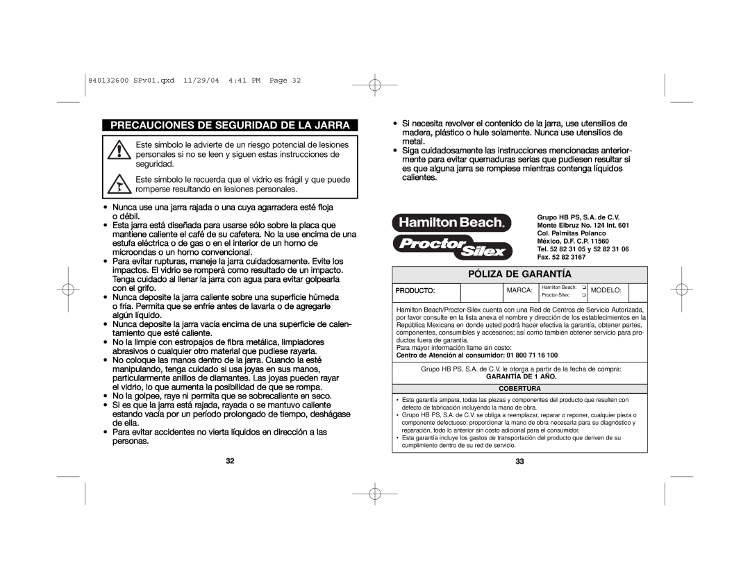 Proctor-Silex 48575 manual Precauciones De Seguridad De La Jarra, Póliza De Garantía 