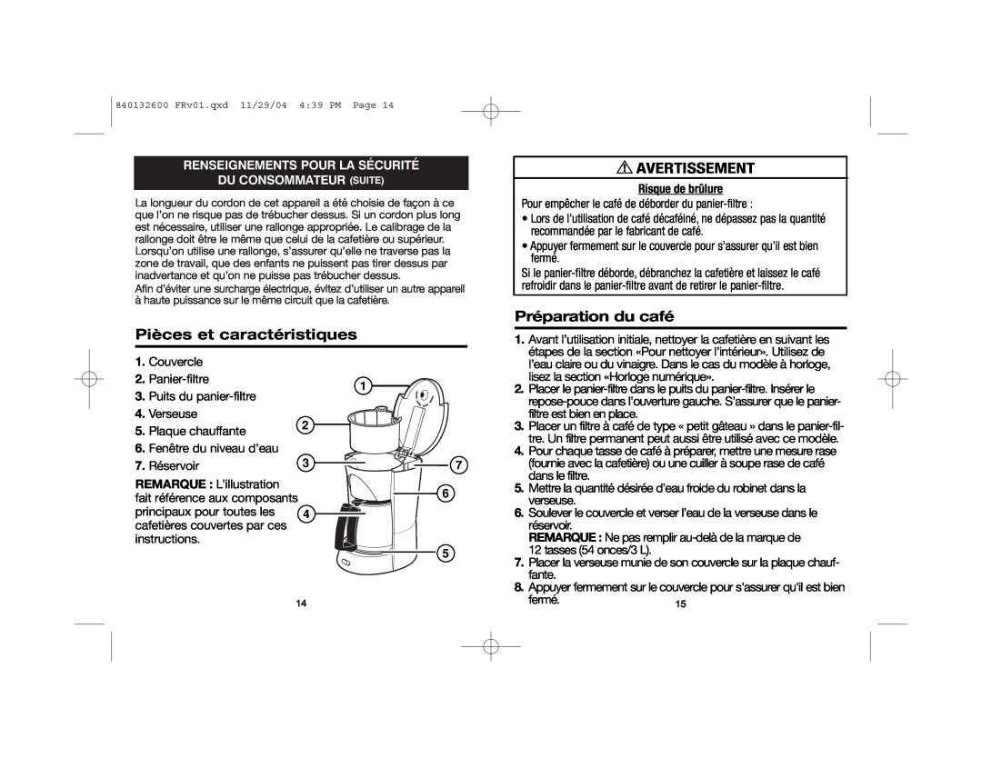 Proctor-Silex 48575 manual Pièces et caractéristiques, Avertissement, Préparation du café, Risque de brûlure 