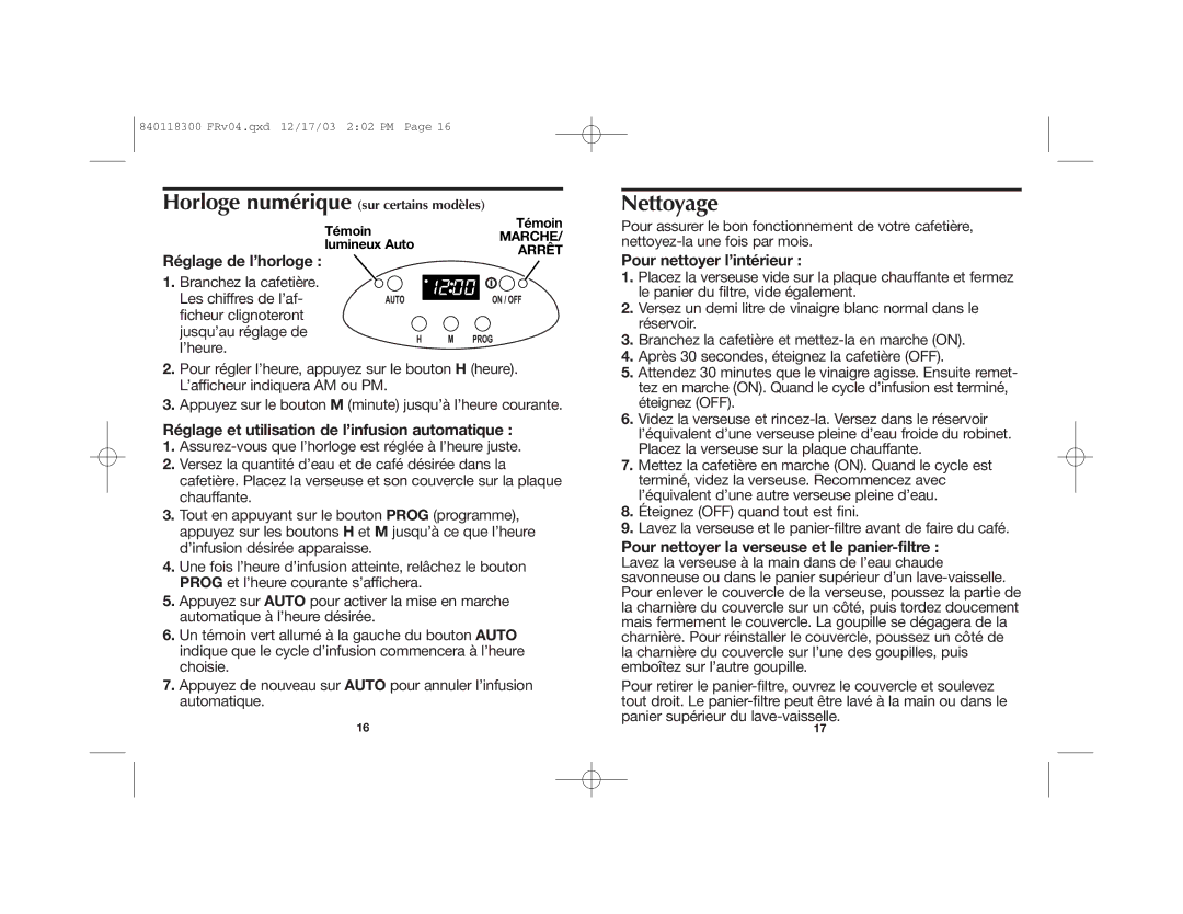 Proctor-Silex 49314, 49321, 49324, 49414 Nettoyage, Réglage de l’horloge, Réglage et utilisation de l’infusion automatique 