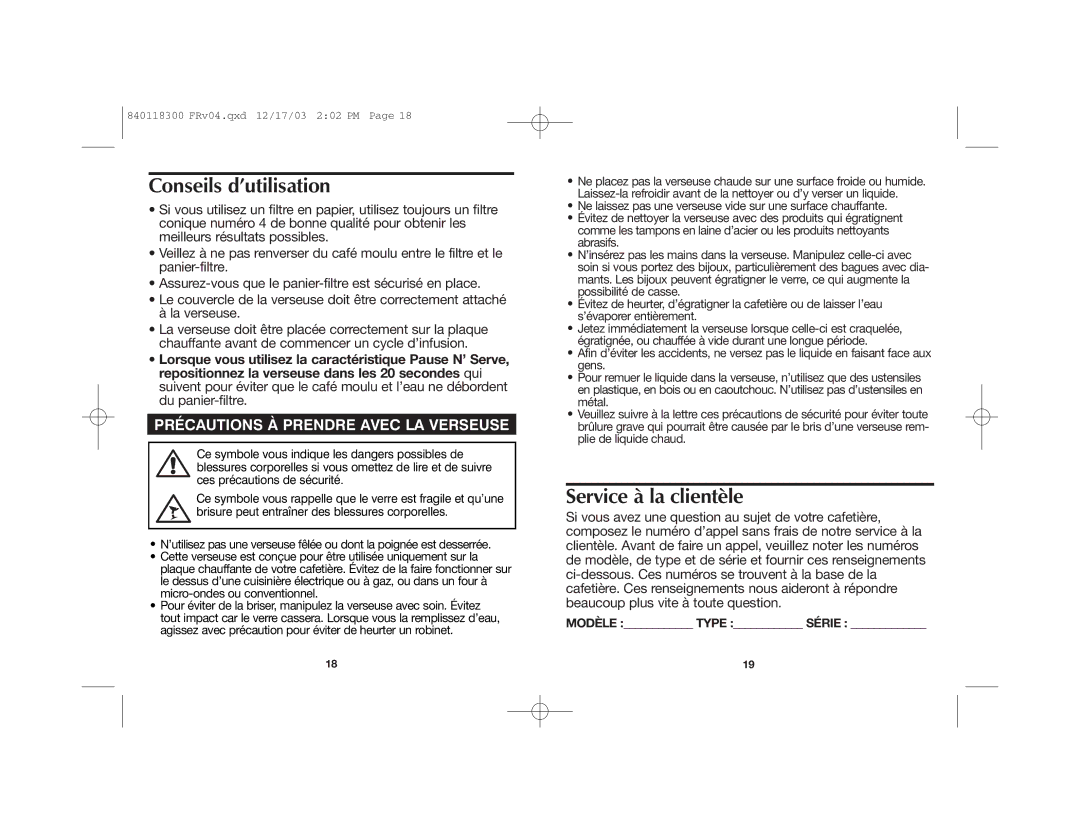 Proctor-Silex 49414, 49321, 49324 Conseils d’utilisation, Service à la clientèle, Précautions À Prendre Avec LA Verseuse 