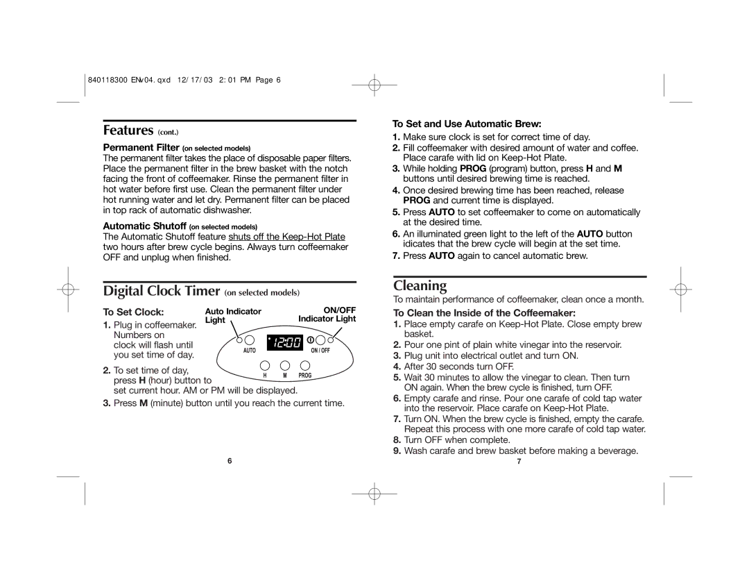 Proctor-Silex 49414, 49321 Digital Clock Timer on selected models, Cleaning, To Set and Use Automatic Brew, To Set Clock 