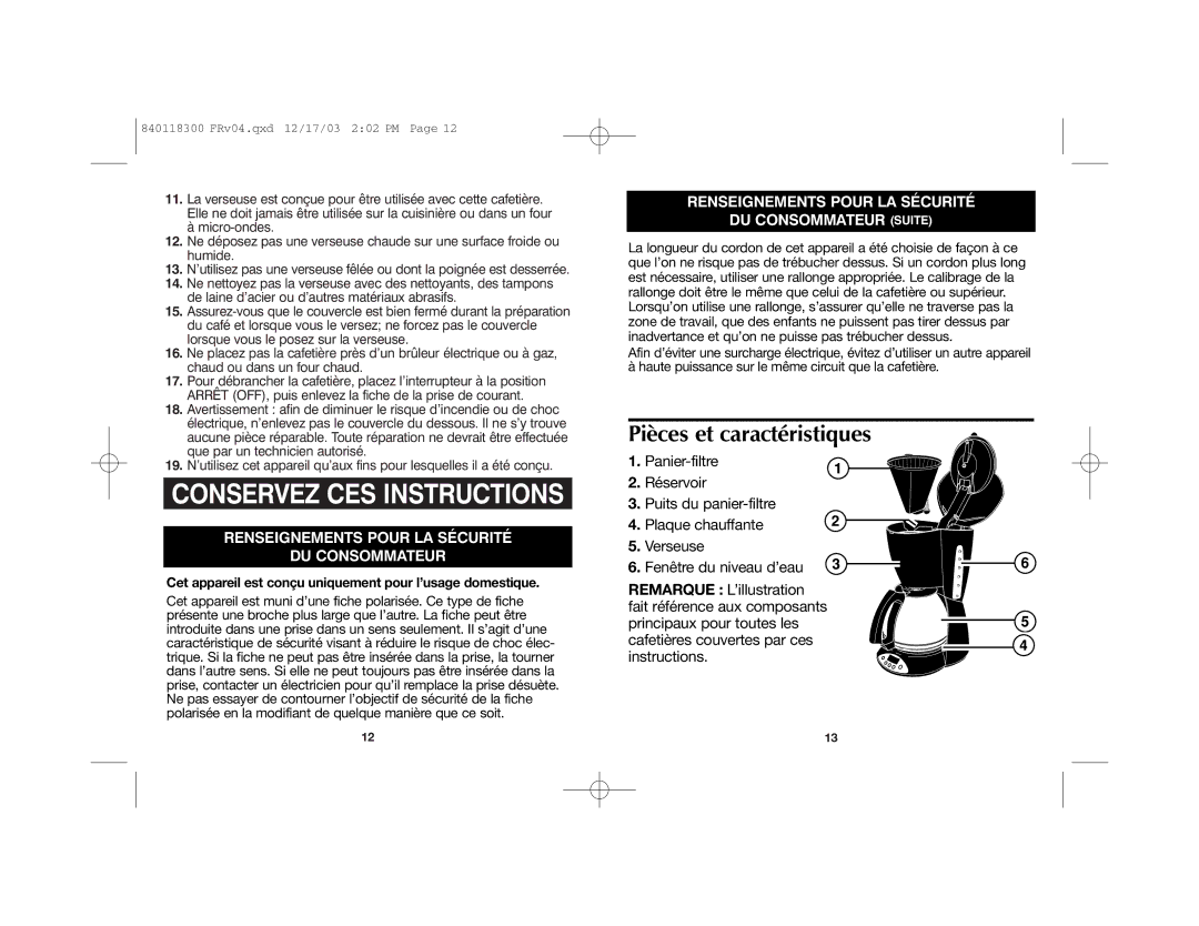 Proctor-Silex 49324, 49321, 840118300 Pièces et caractéristiques, Cet appareil est conçu uniquement pour l’usage domestique 