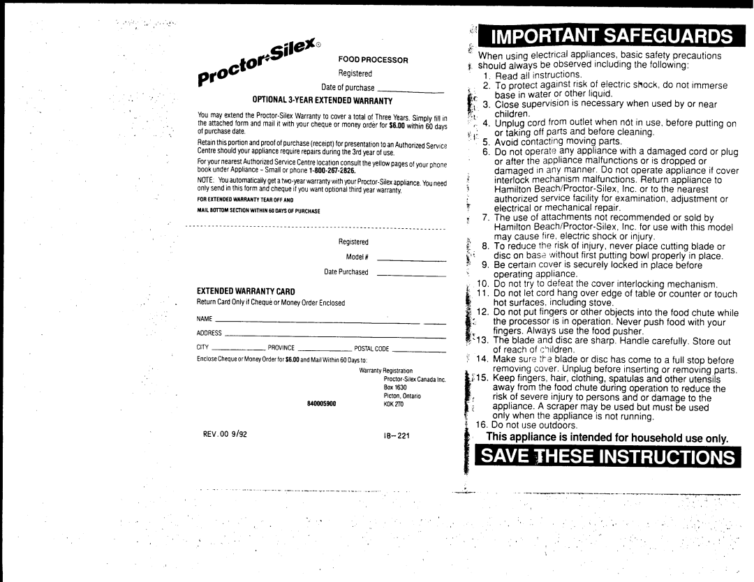 Proctor-Silex 70100 manual 
