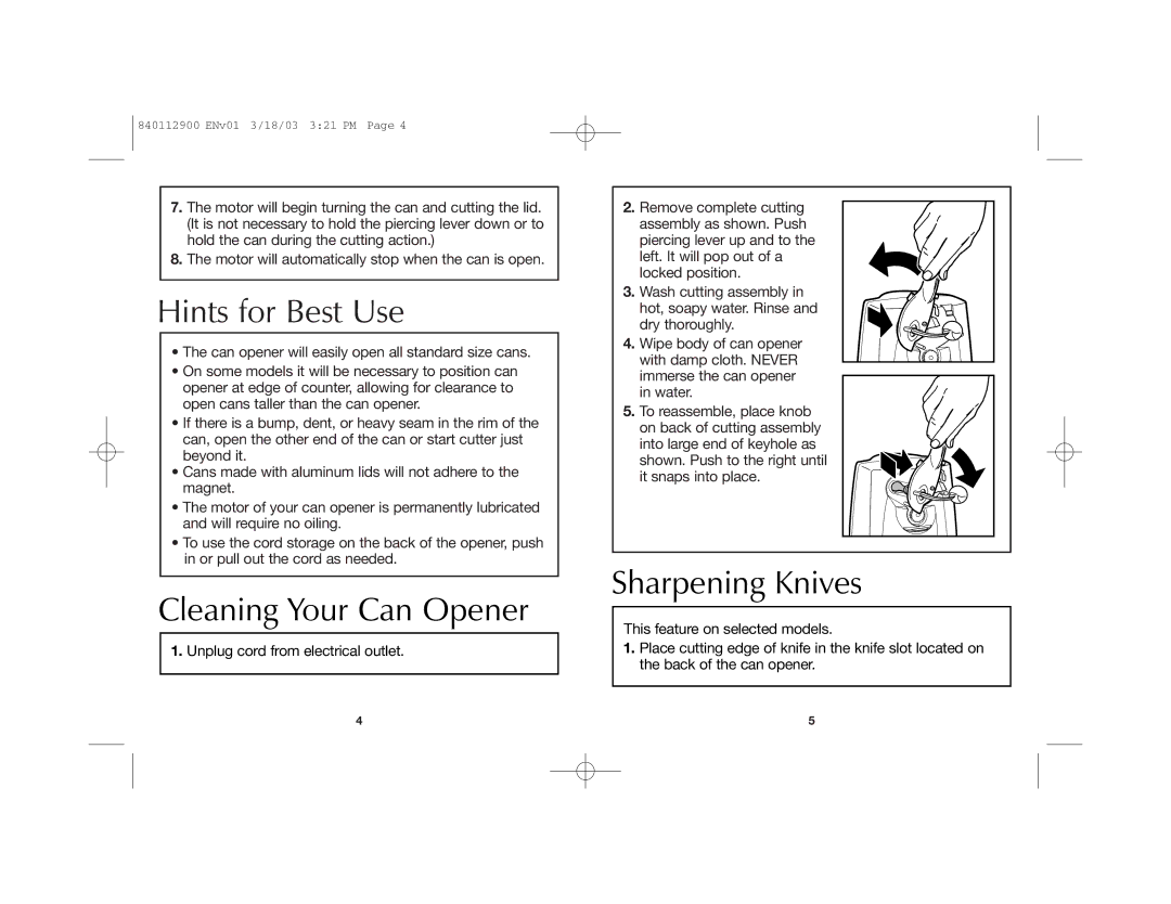 Proctor-Silex 75217 manual Hints for Best Use, Cleaning Your Can Opener, Sharpening Knives 