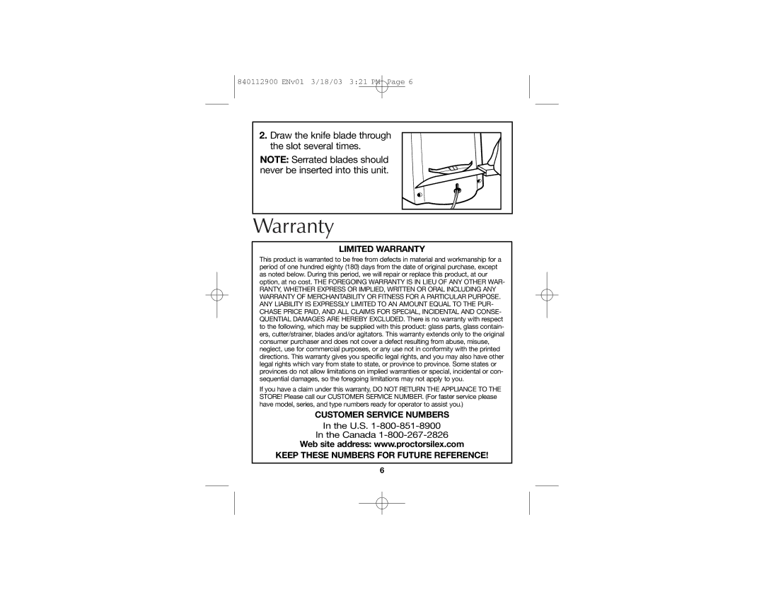 Proctor-Silex 75217 manual Limited Warranty, Customer Service Numbers, Keep These Numbers for Future Reference 