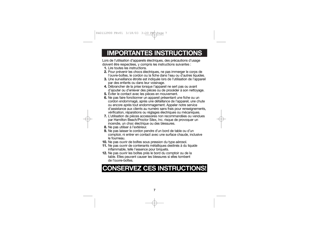 Proctor-Silex 75217 manual Importantes Instructions 