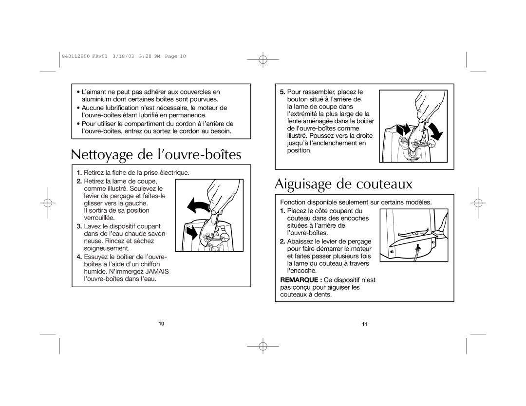 Proctor-Silex 75217 manual Nettoyage de l’ouvre-boîtes, Aiguisage de couteaux 