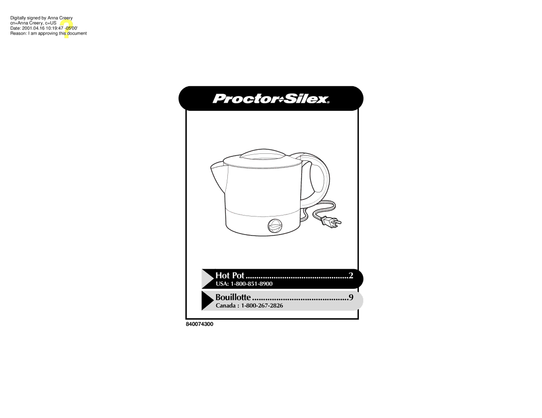 Proctor-Silex 840074300 manual Hot Pot 