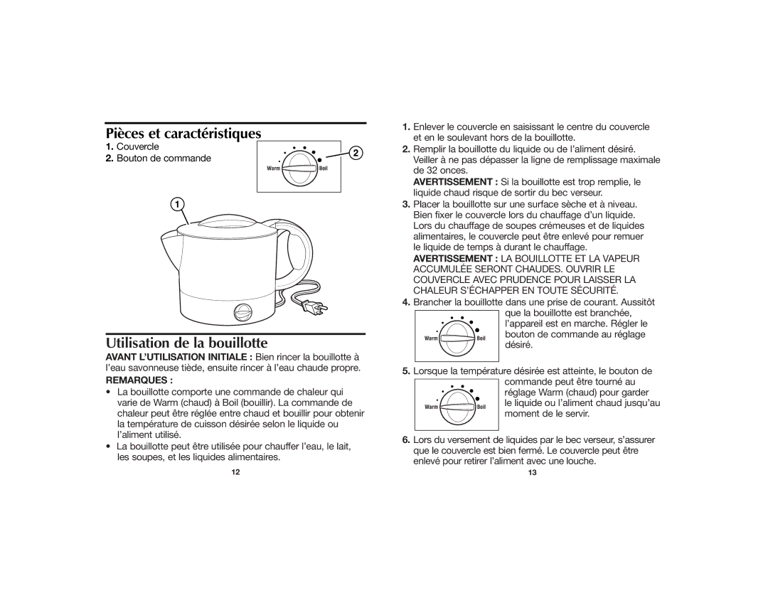 Proctor-Silex 840074300 Pièces et caractéristiques, Utilisation de la bouillotte, Bouton de commande au réglage, Désiré 