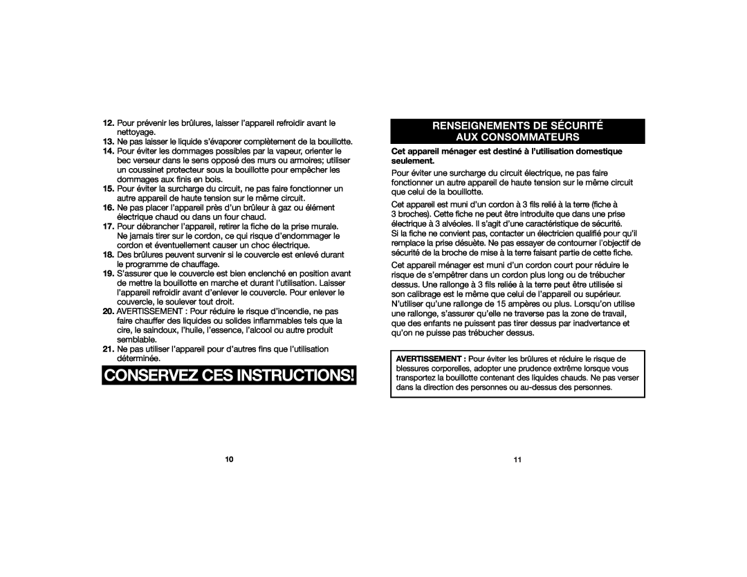 Proctor-Silex 840074300 manual Renseignements De Sécurité Aux Consommateurs, Conservez Ces Instructions 
