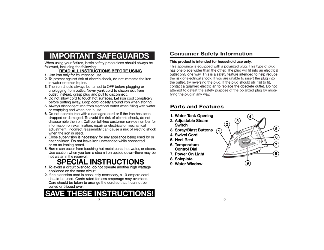 Proctor-Silex 840091400 manual Consumer Safety Information, Parts and Features 