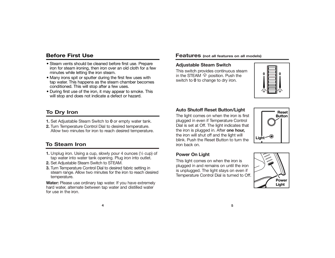 Proctor-Silex 840091400 manual Before First Use, To Dry Iron, To Steam Iron 