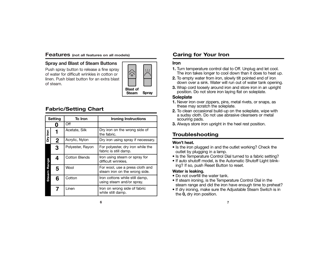 Proctor-Silex 840091400 manual Fabric/Setting Chart, Caring for Your Iron, Troubleshooting 