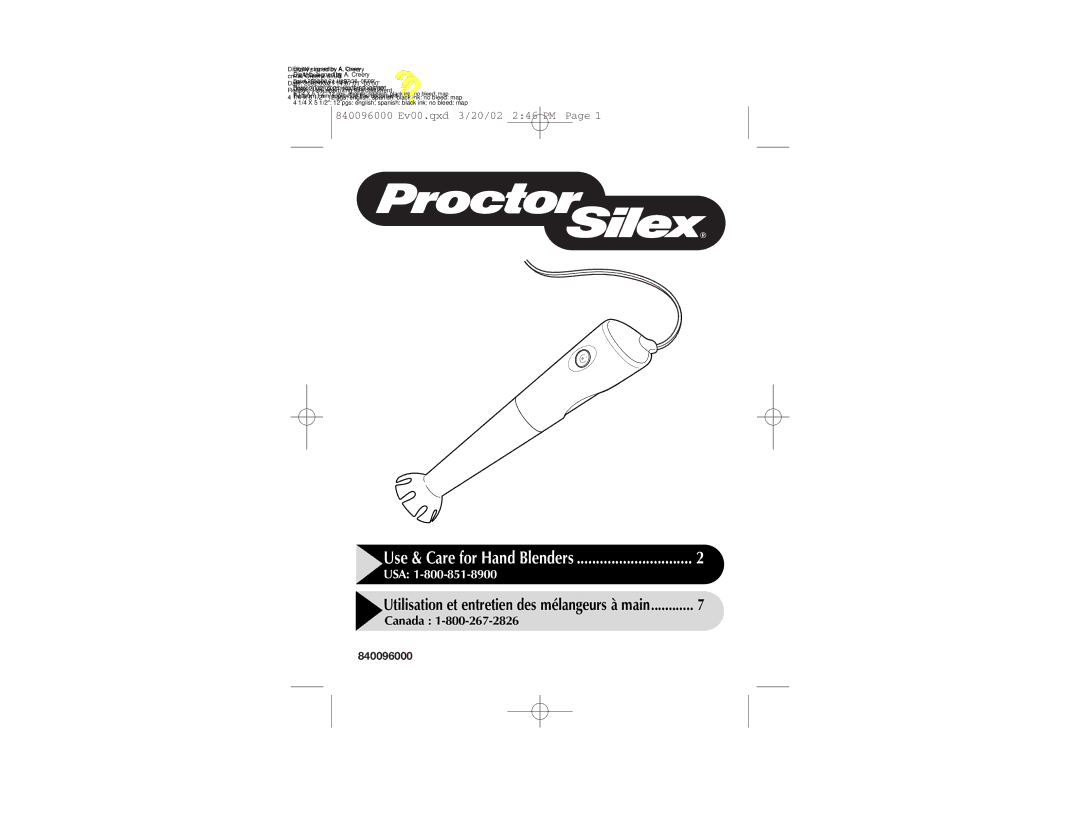 Proctor-Silex 840096000 manual Use & Care for Hand Blenders 