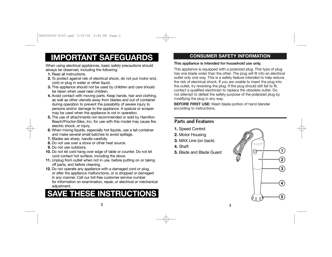 Proctor-Silex 840096000 manual Important Safeguards, Parts and Features, This appliance is intended for household use only 