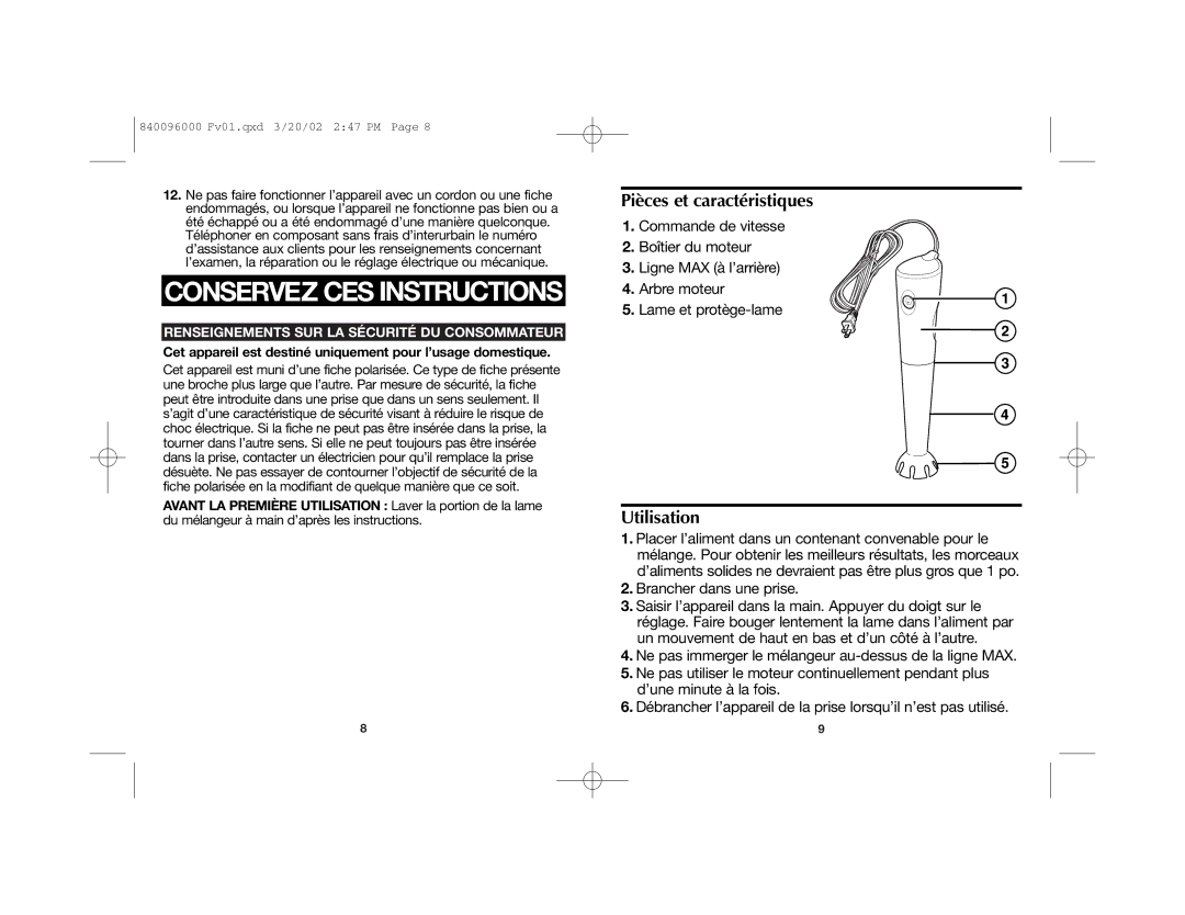 Proctor-Silex 840096000 manual Pièces et caractéristiques, Utilisation 