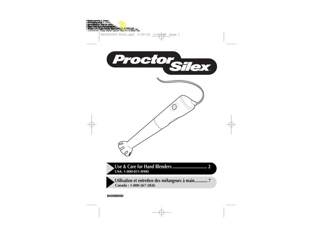 Proctor-Silex 840096000 manual Use & Care for Hand Blenders, Utilisation et entretien des mélangeurs à main, Usa, Canada 