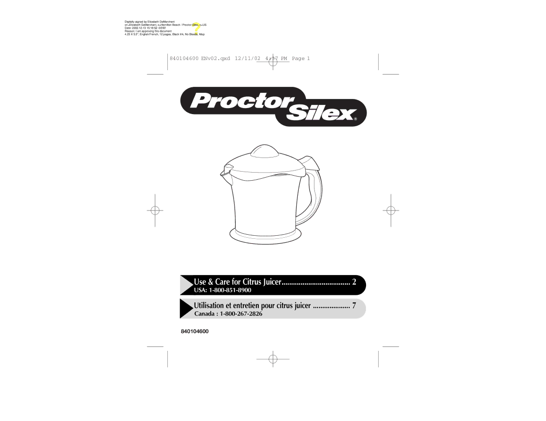 Proctor-Silex 840104600 manual Use & Care for Citrus Juicer 