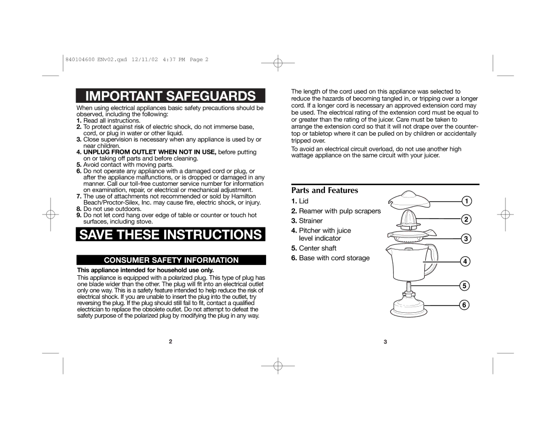 Proctor-Silex 840104600 Important Safeguards, Parts and Features, Lid, This appliance intended for household use only 