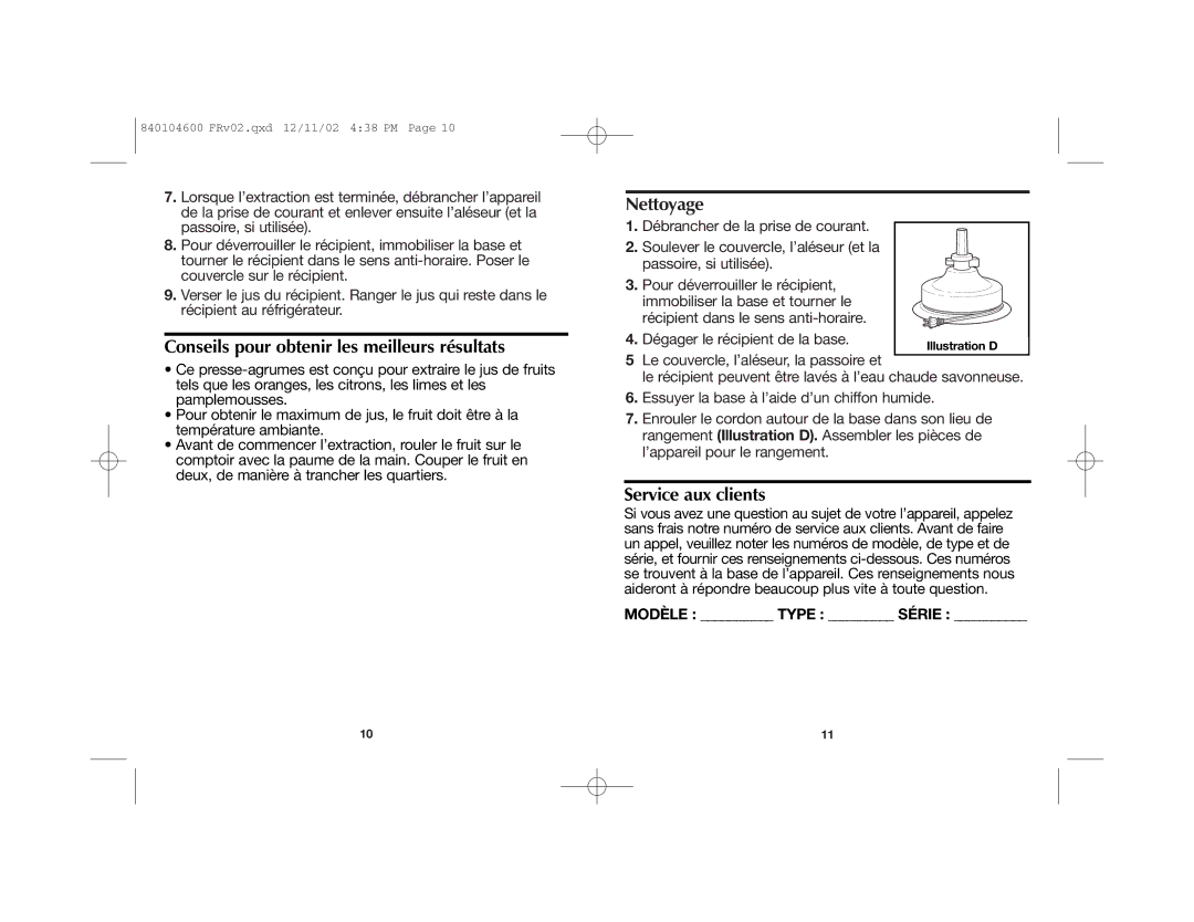 Proctor-Silex 840104600 Conseils pour obtenir les meilleurs résultats, Nettoyage, Service aux clients, Modèle Type Série 