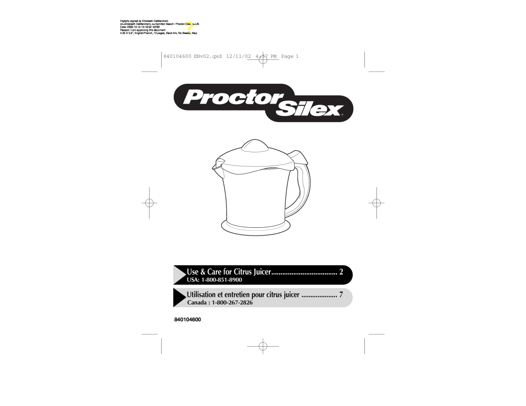 Proctor-Silex 840104600 manual Use & Care for Citrus Juicer, Utilisation et entretien pour citrus juicer, Usa, Canada 