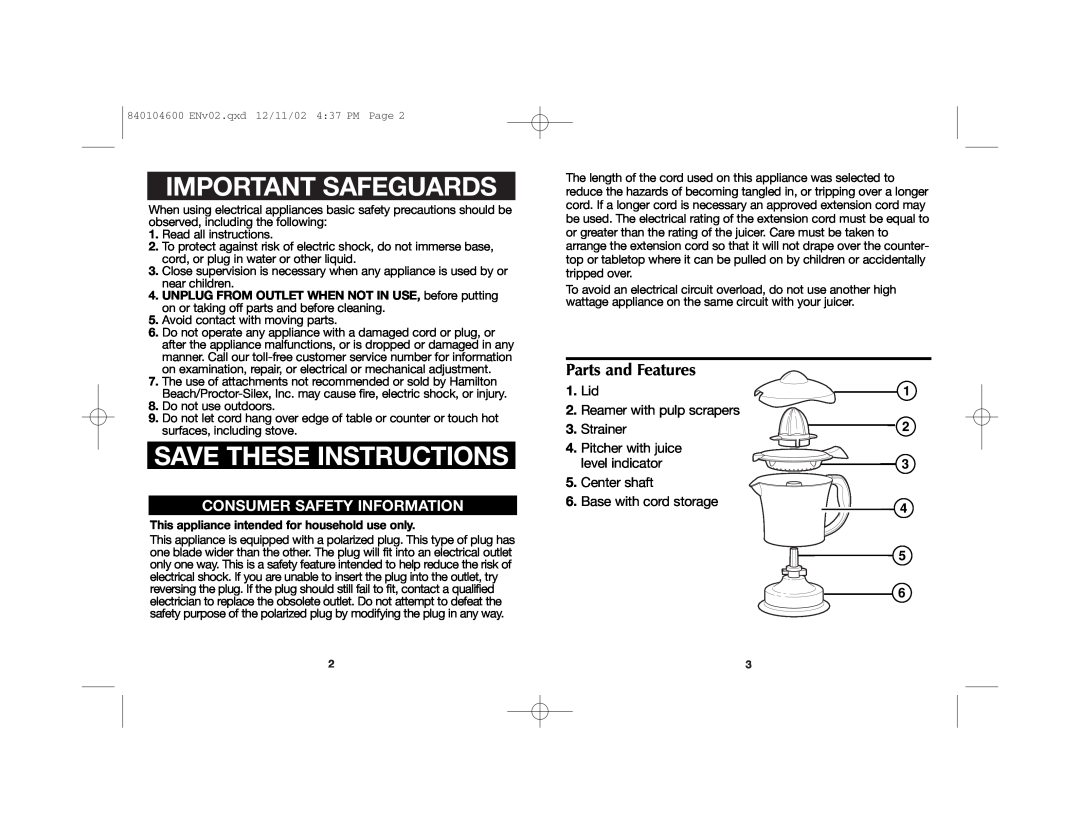 Proctor-Silex 840104600 manual Important Safeguards, Save These Instructions, Parts and Features, Lid 