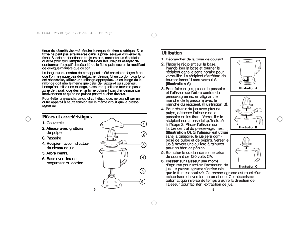 Proctor-Silex 840104600 manual Pièces et caractéristiques, Utilisation, Illustration A 