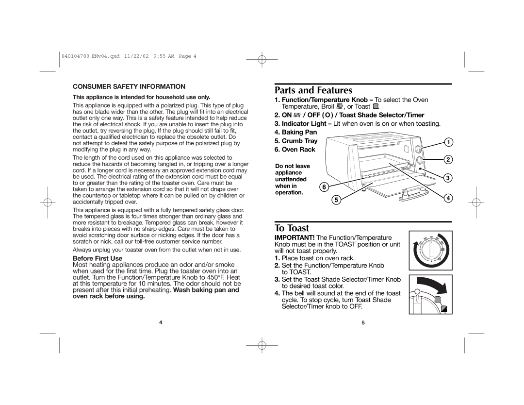 Proctor-Silex 840104700 manual Parts and Features, To Toast, Consumer Safety Information, Before First Use 