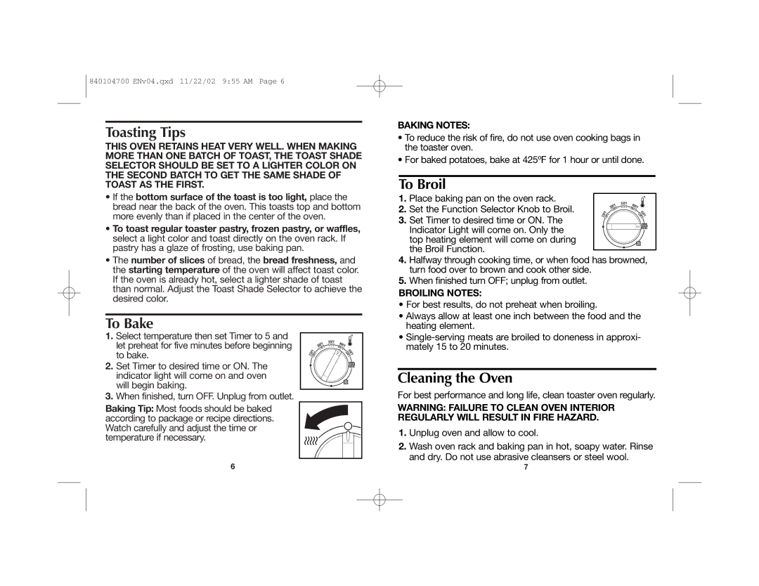 Proctor-Silex 840104700 manual Toasting Tips, To Bake, To Broil, Cleaning the Oven 