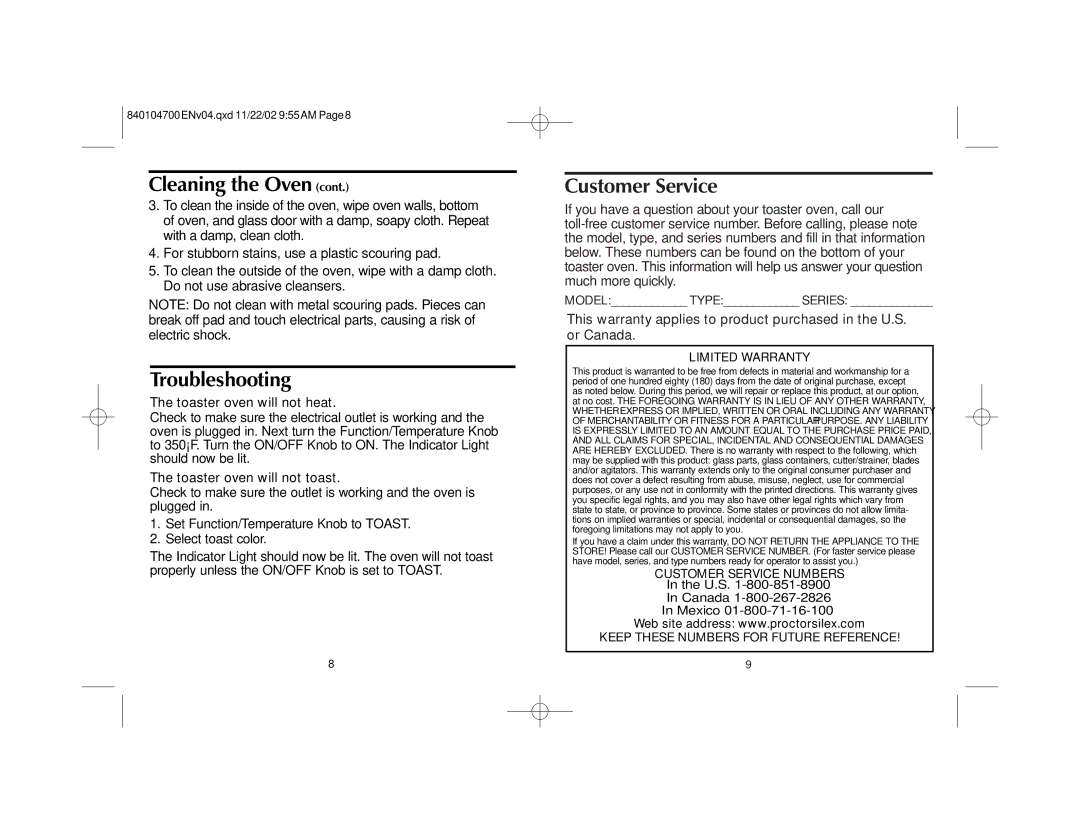 Proctor-Silex 840104700 manual Troubleshooting, Customer Service, Toaster oven will not heat, Toaster oven will not toast 