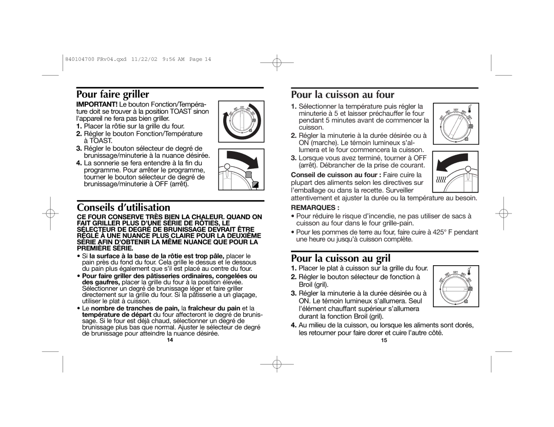 Proctor-Silex 840104700 manual Pour faire griller, Conseils d’utilisation, Pour la cuisson au four, Pour la cuisson au gril 