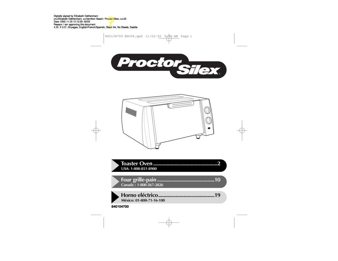Proctor-Silex 840104700 manual Horno eléctrico, Toaster Oven, Four grille-pain, Usa, Canada, México 