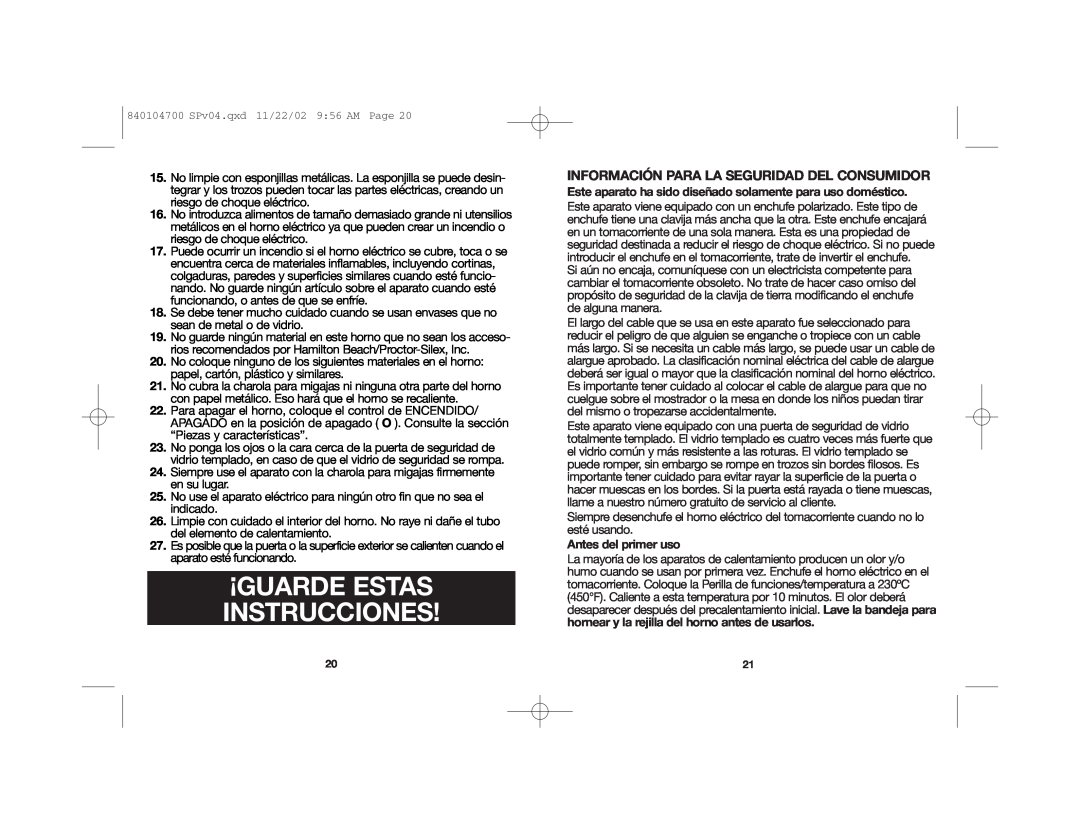 Proctor-Silex 840104700 manual ¡Guarde Estas Instrucciones, Información Para La Seguridad Del Consumidor 
