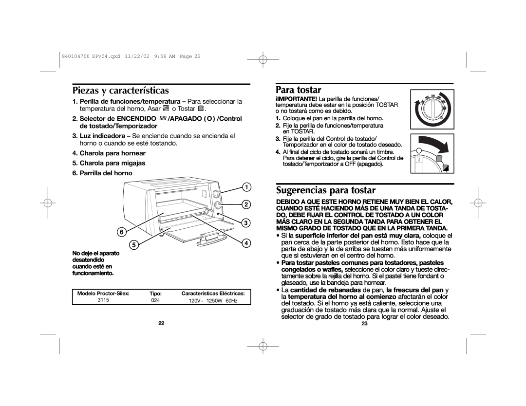 Proctor-Silex 840104700 manual Piezas y características, Para tostar, Sugerencias para tostar, Parrilla del horno 