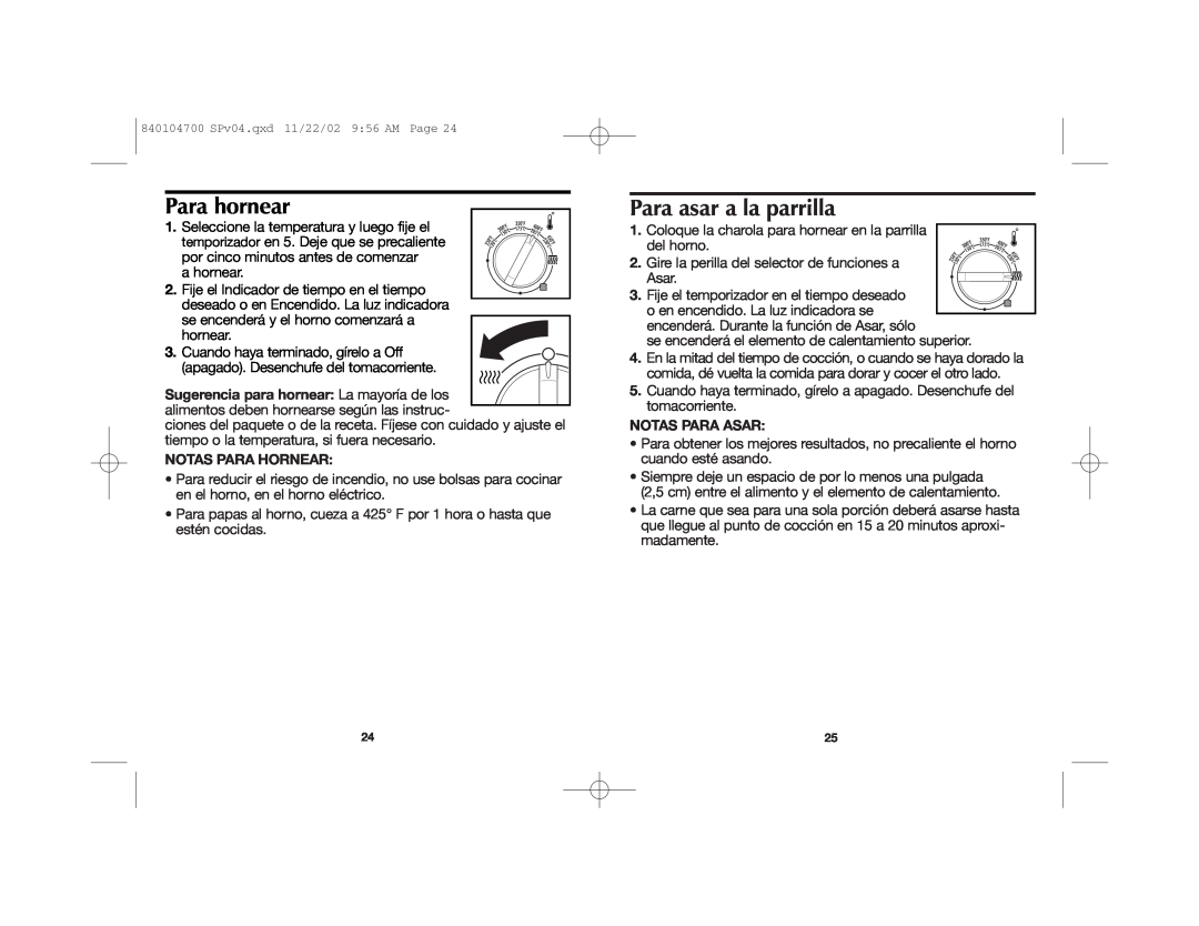 Proctor-Silex 840104700 manual Para hornear, Para asar a la parrilla, Notas Para Hornear, Notas Para Asar 