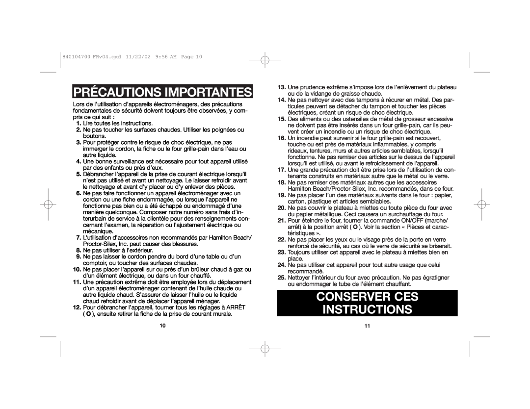 Proctor-Silex 840104700 manual Précautions Importantes, Conserver Ces Instructions 