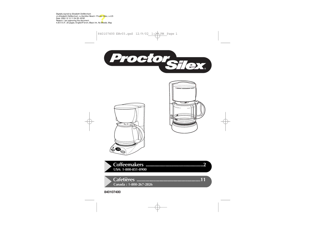 Proctor-Silex 840107400 manual Coffeemakers 