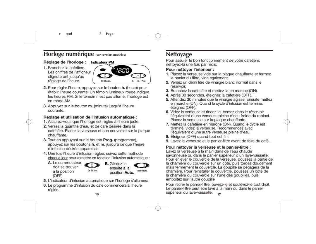 Proctor-Silex 840107400 Nettoyage, Réglage de l’horloge Indicateur PM, Réglage et utilisation de l’infusion automatique 