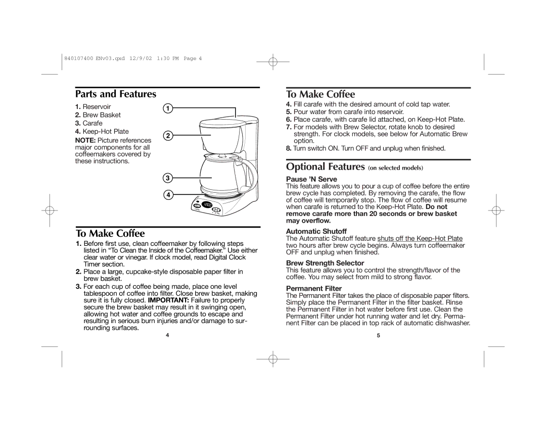 Proctor-Silex 840107400 manual Parts and Features, To Make Coffee 