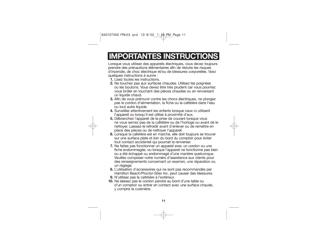 Proctor-Silex 840107400 manual Importantes Instructions 