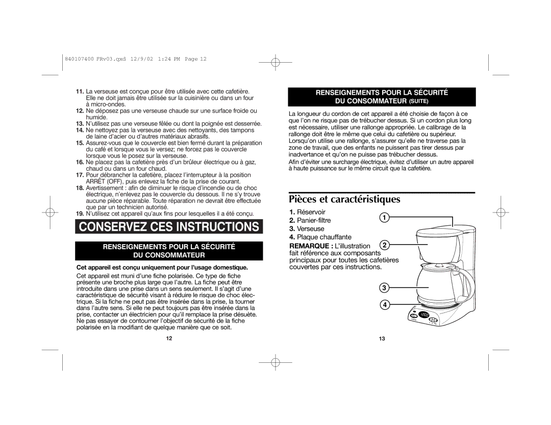 Proctor-Silex 840107400 manual Conservez CES Instructions, Pièces et caractéristiques 