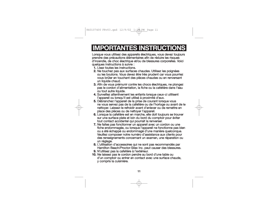 Proctor-Silex 840107400 manual Importantes Instructions 